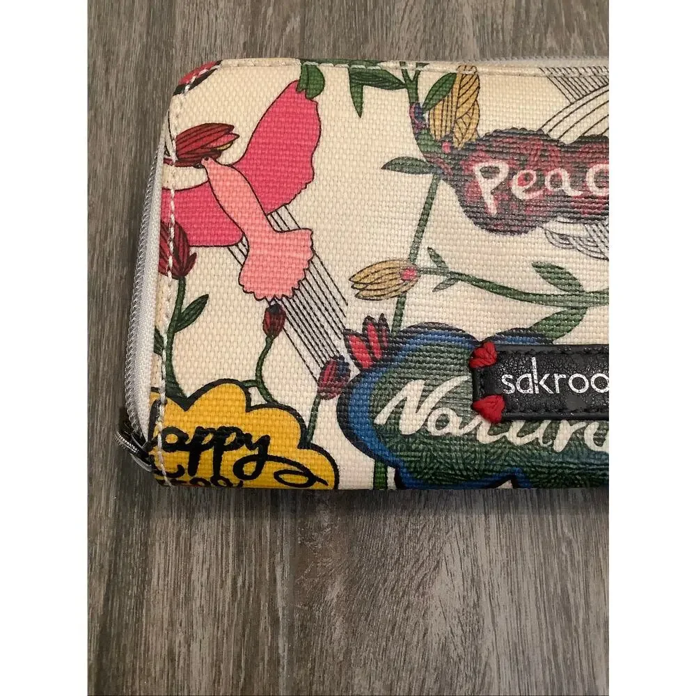 Sakroots Peace Nature Bird Floral Coated Canvas Zip Around Wallet Clutch C17-3